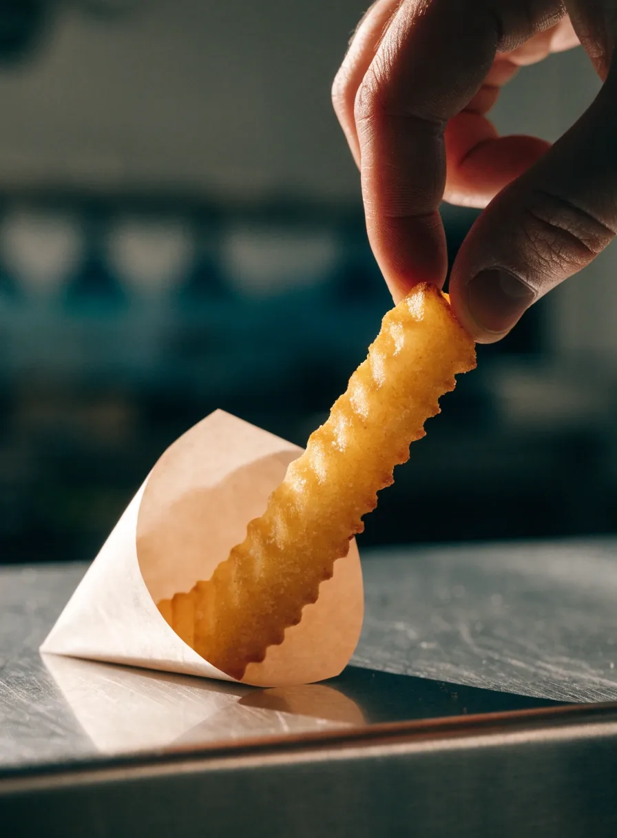 A stack of crinkle-cut fries in a paper cone on steel with one fry showing its ridged cut face