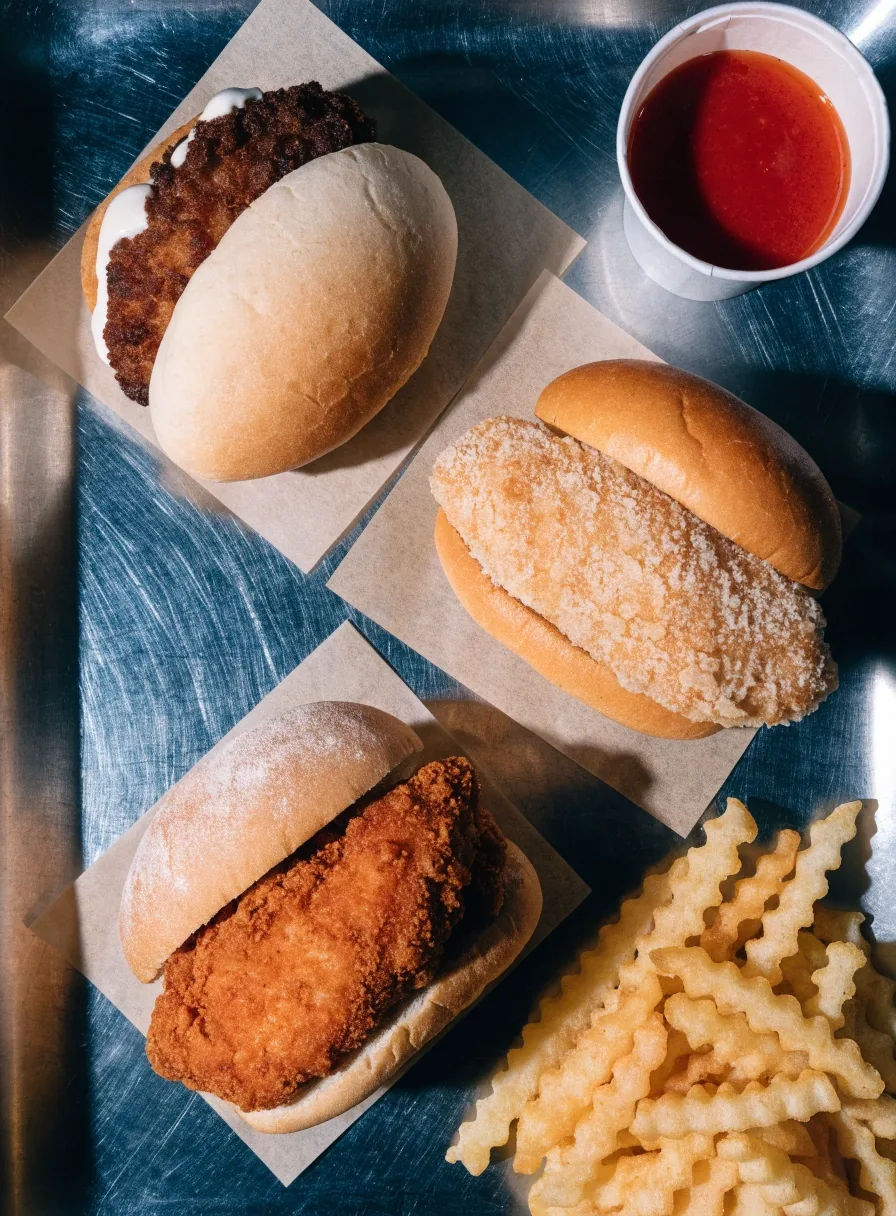 A fried chicken sandwich on folded paper on a steel tray with an open cup of sauce beside it