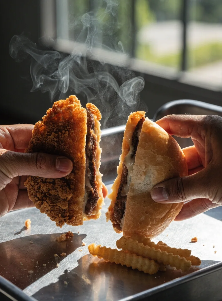 A fried chicken sandwich cut in half on steel, thick craggy breading on one side and a thin even coating on the other