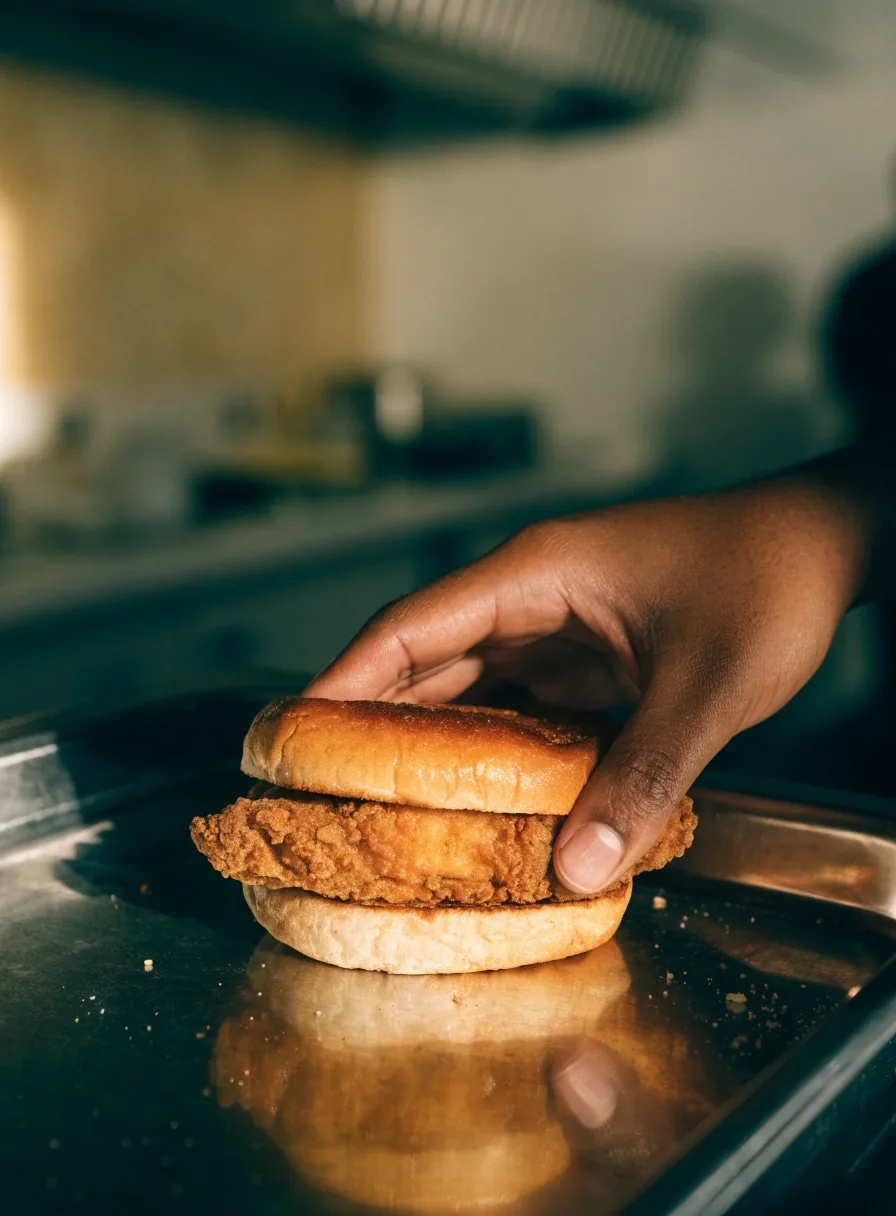 Close side view of a toasted potato bun edge on steel with a butter-browned toasted face