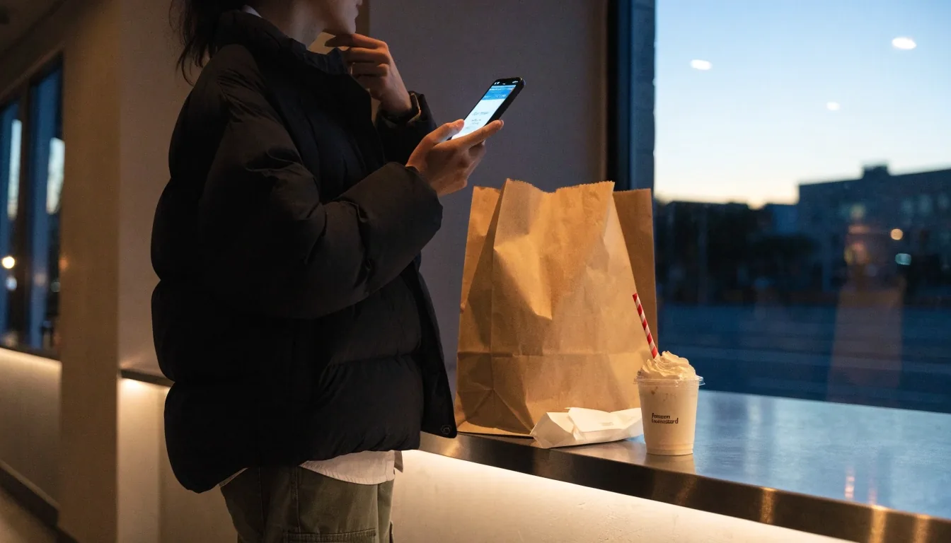 Customer checking a delivery order at a warm-lit pickup shelf in Seattle