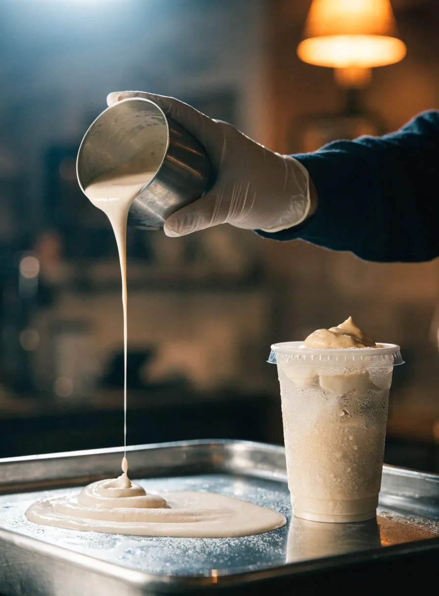 A thick frozen custard shake ribbon pouring from a steel mixing cup onto a chilled surface