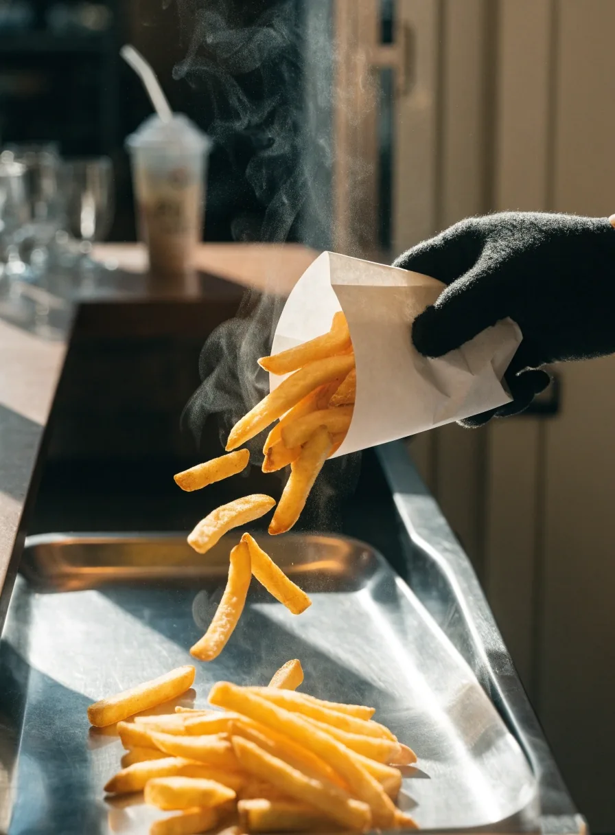 A close stack of crinkle-cut fries in an open paper sleeve on a steel surface