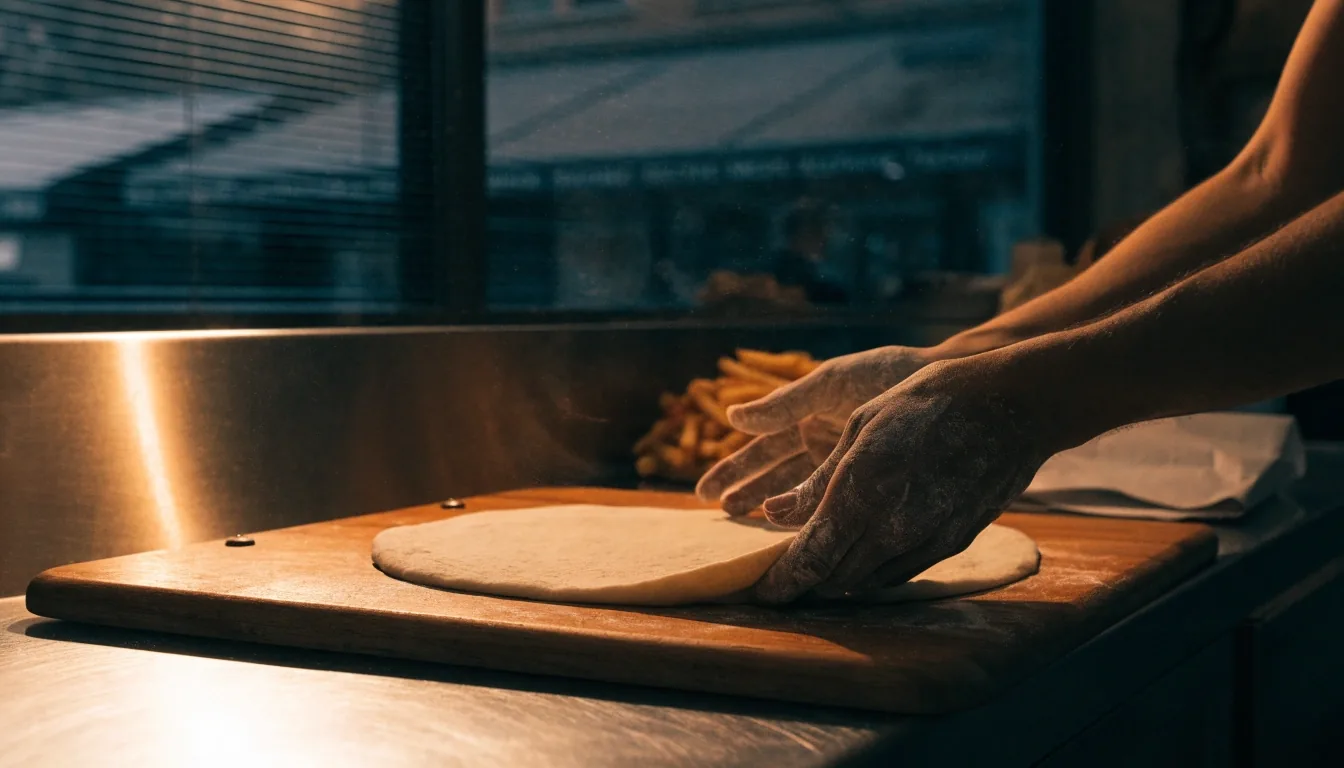 Crinkle-cut fries and a folded wrapper on a steel counter under warm dusk light in a fast-casual kitchen