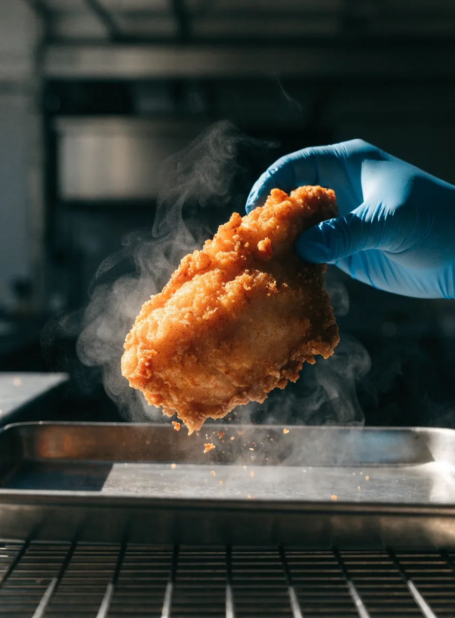 Heavily breaded spicy fried chicken fillets resting on a wire rack under hard side light