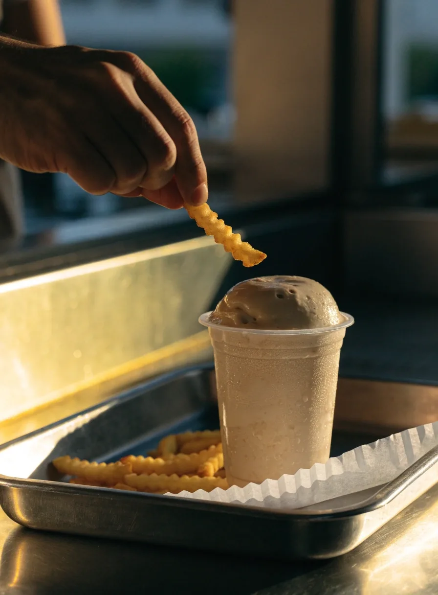 A hot stack of crinkle-cut fries in a paper-lined steel tray, hard side light catching the ridges