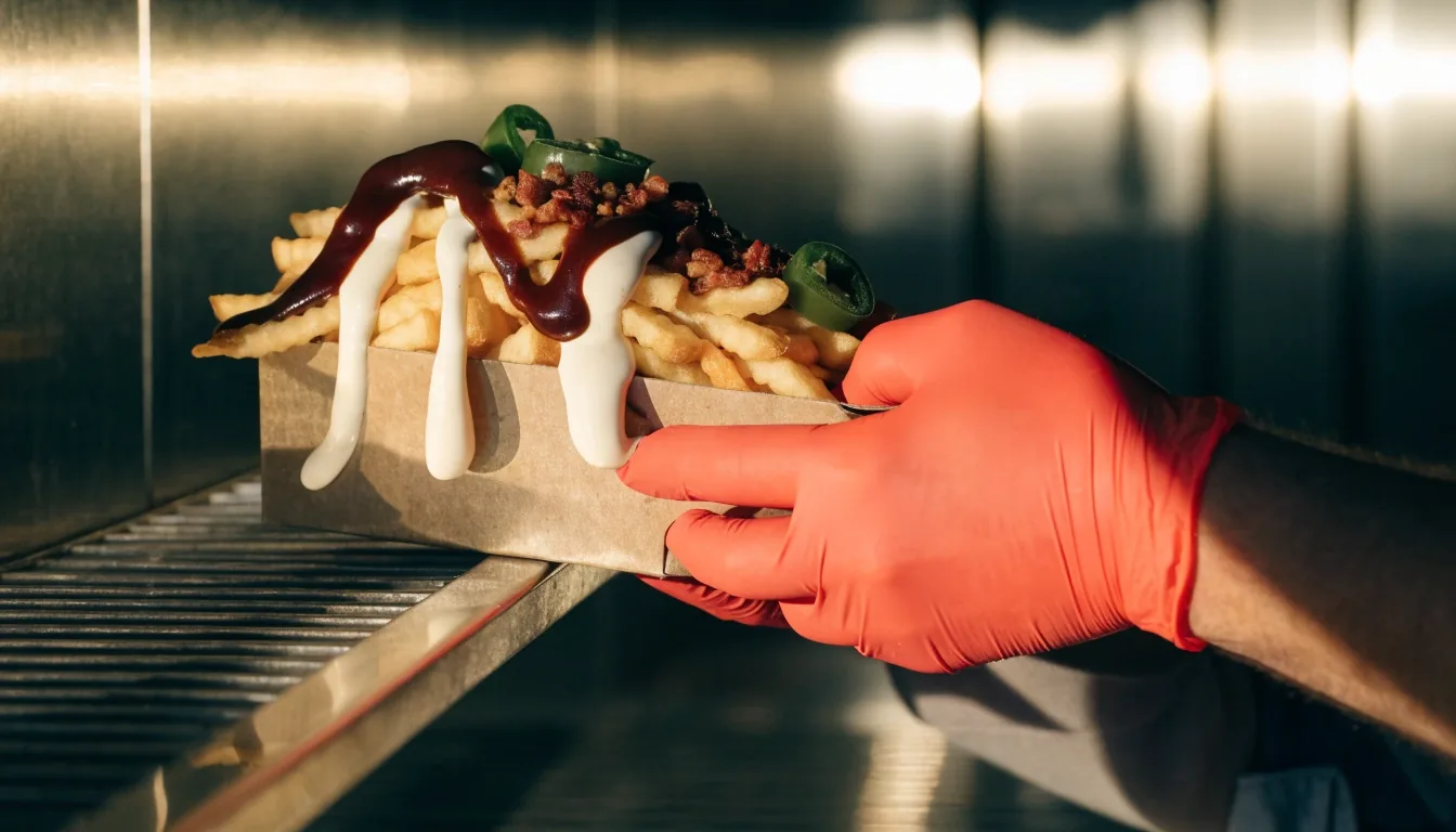 Loaded crinkle-cut fries under melted cheese sauce and dark sauce ribbons in an open carton