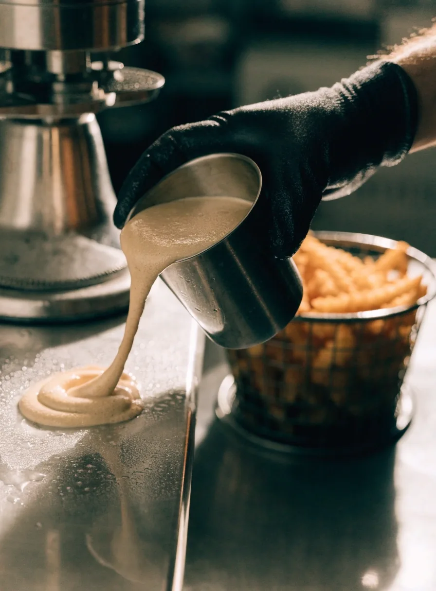 Frozen-custard shake ribbon curling from a steel cup onto a cold counter