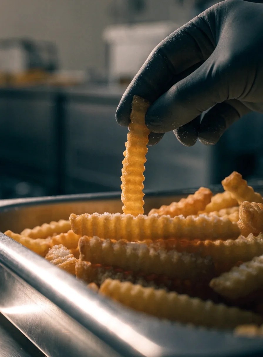 Side-lit stack of crinkle-cut fries on a steel tray, ridges catching the light