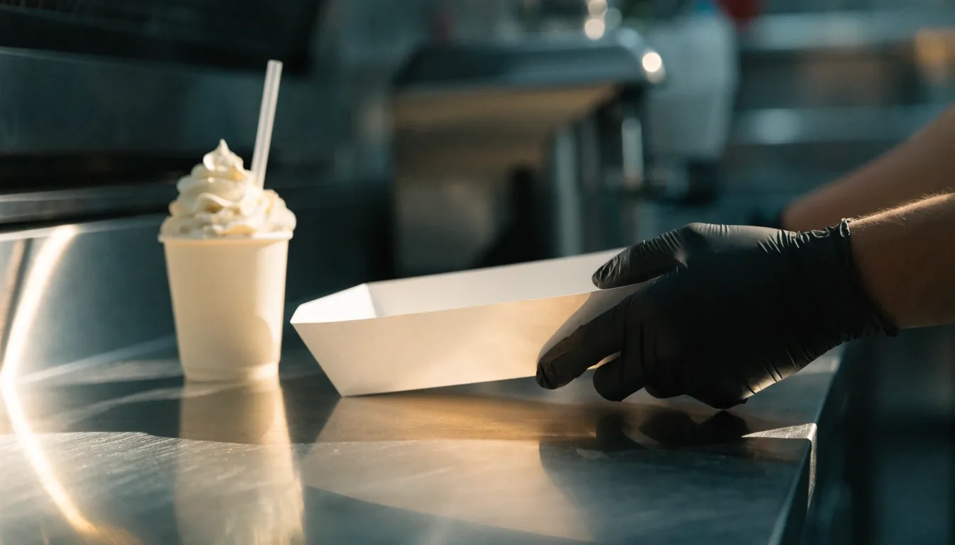 Dusk-lit steel counter pass-through in a fast-food kitchen with a paper wrapper and tray at the edge