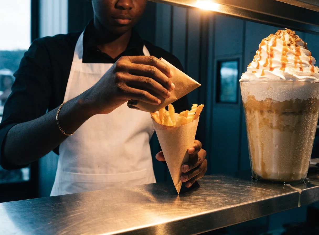Top-down takeaway tray on a steel table with crinkle-cut fries, a folded wrapper, and a shake cup