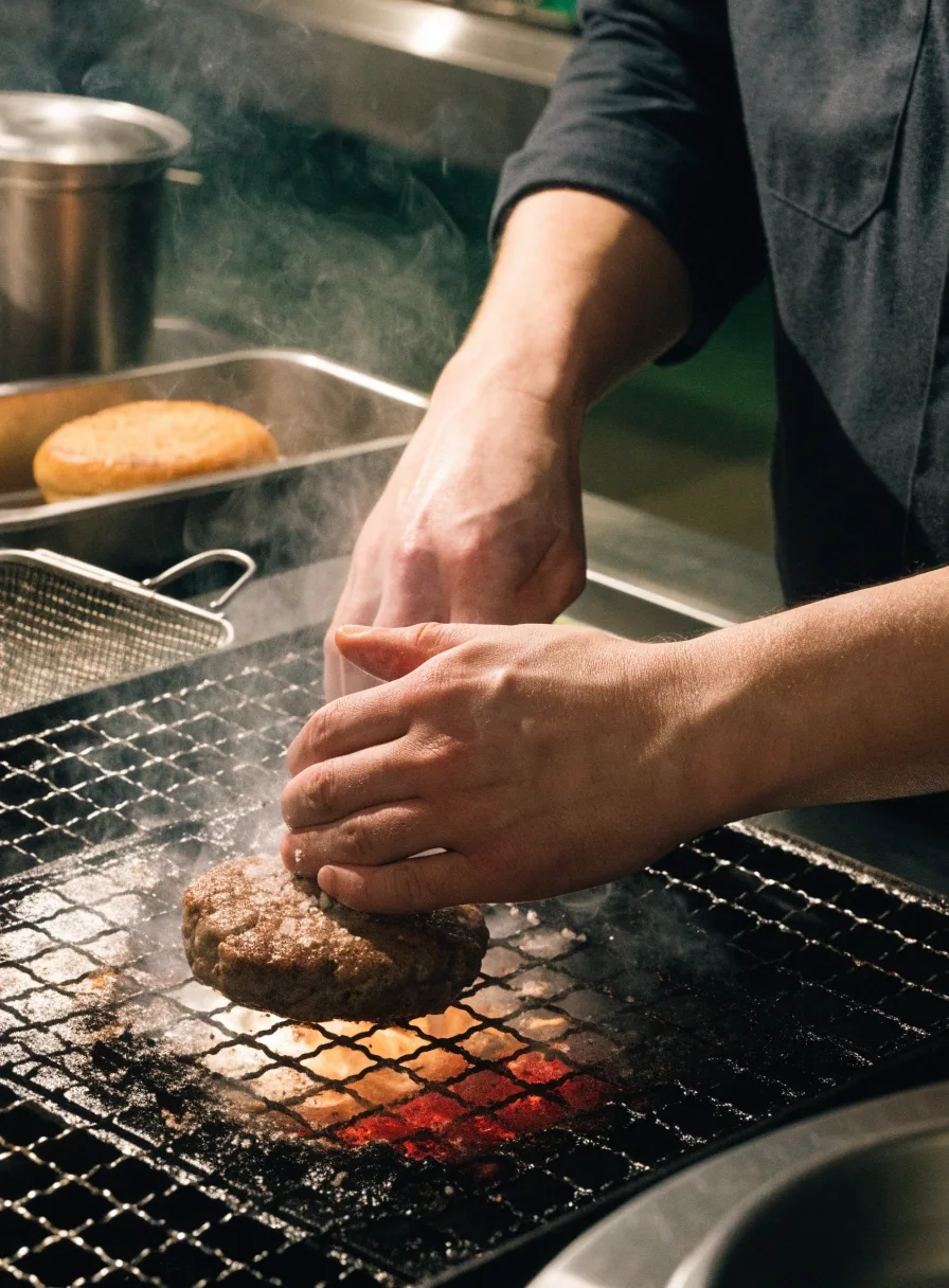 A cheeseburger on a toasted potato bun on greaseproof paper over a steel counter under warm window light