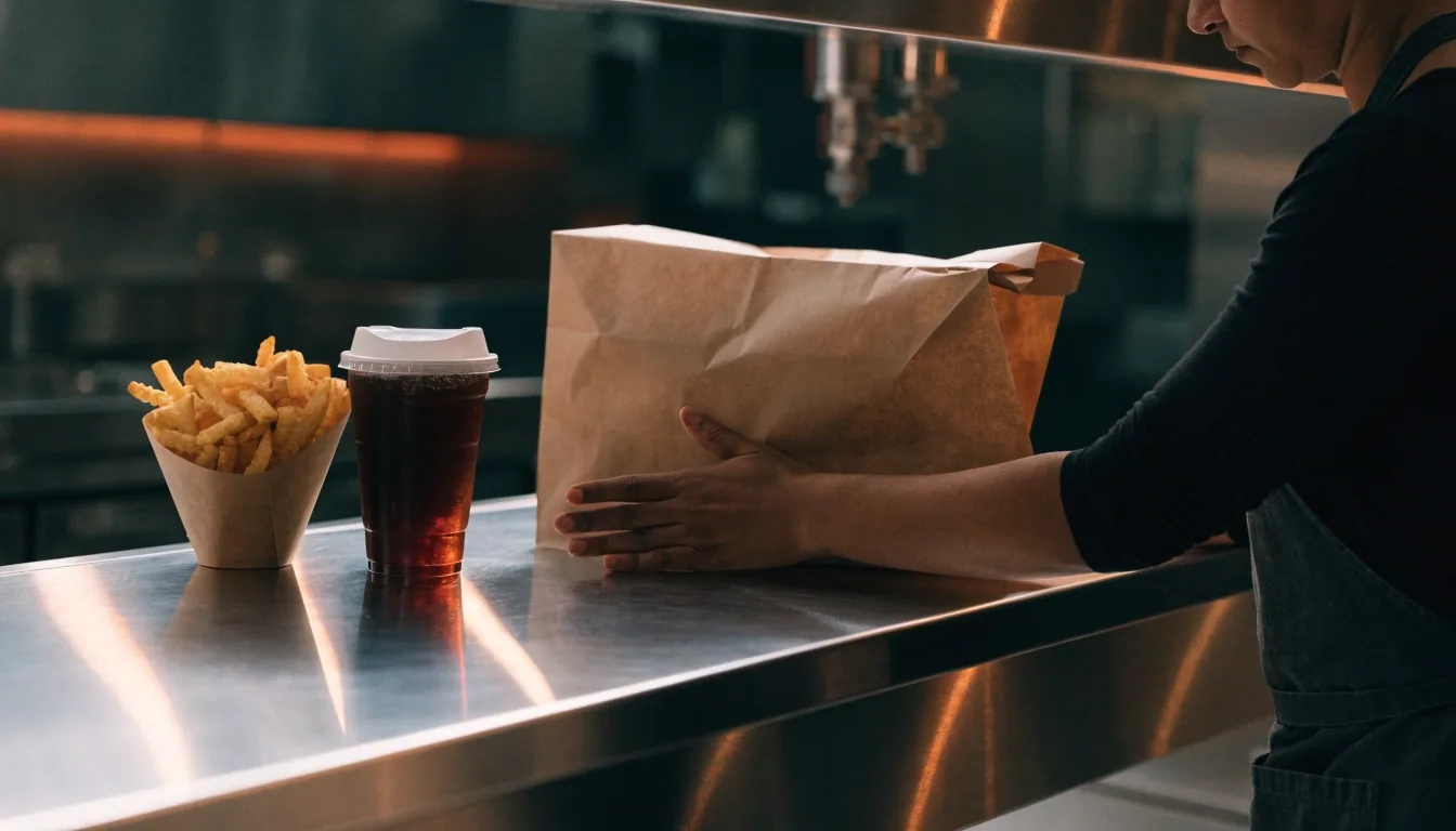 A takeaway order on a steel tray with crinkle-cut fries, a folded wrapper, and a shake with a domed lid under hard side light