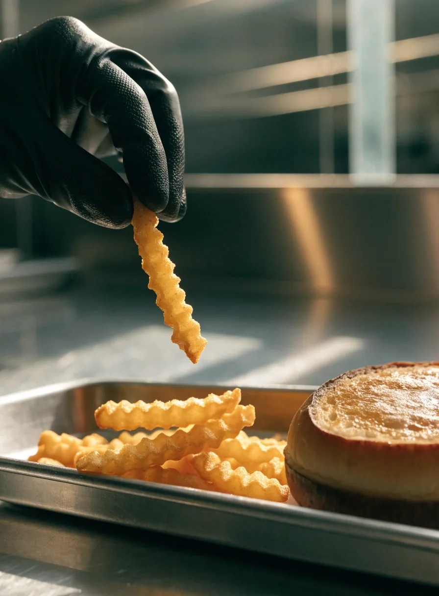 The toasted edge of a potato bun with visible butter-browned crumb on a steel surface