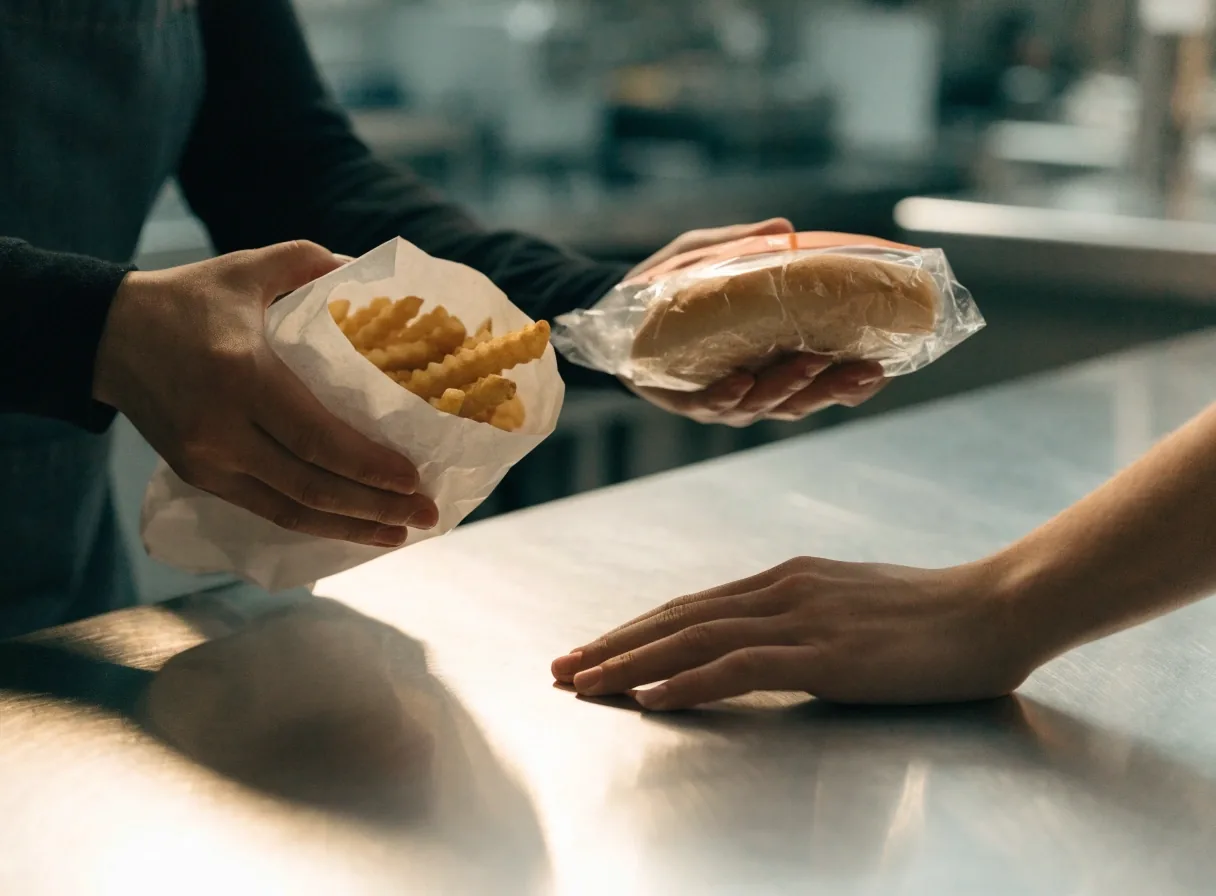 Hand lifting a plain takeaway bag with fries and a wrapped sandwich from a steel counter