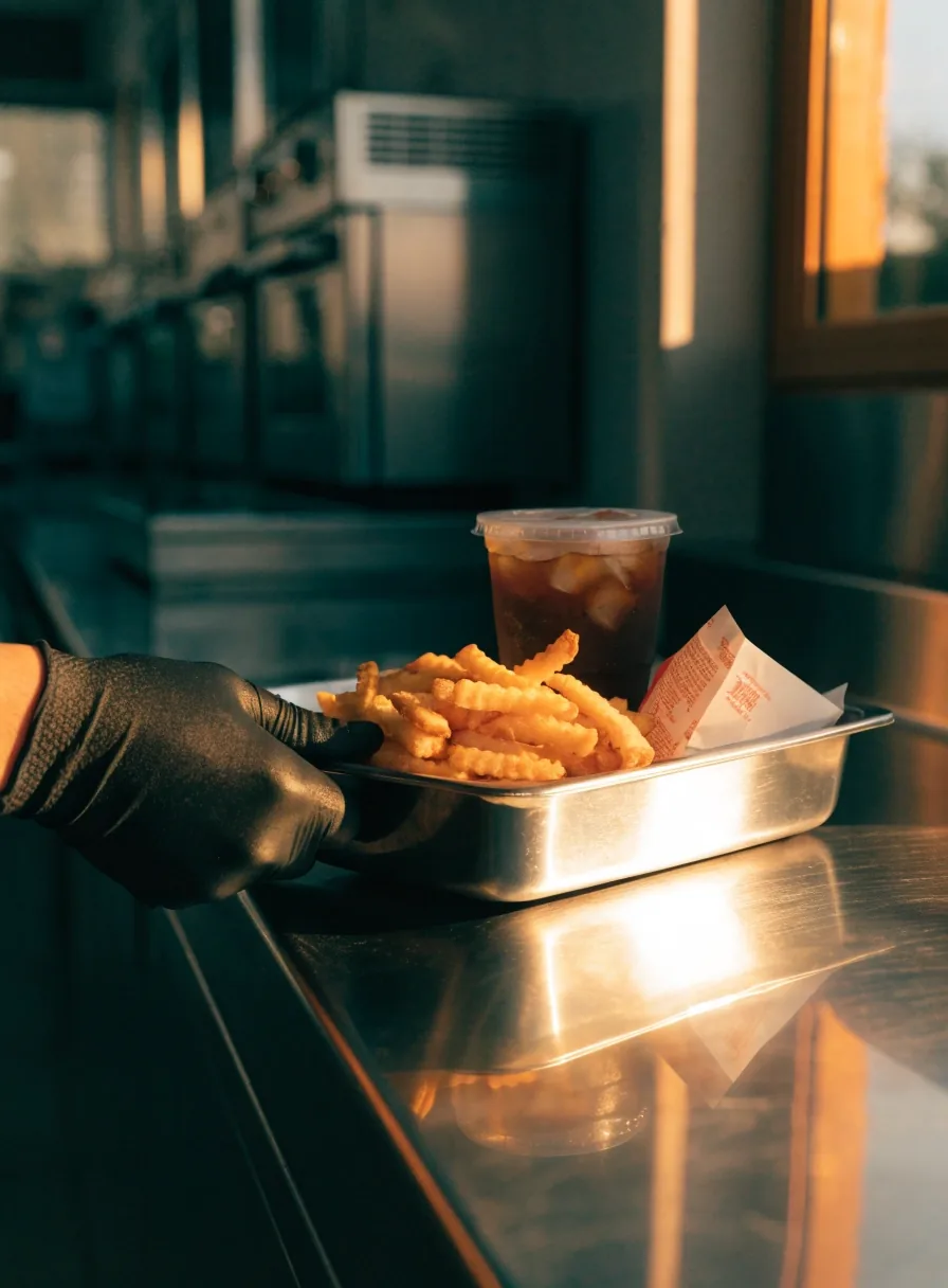 Takeaway order on a steel tray with fries, a folded wrapper and a shake cup under hard side light